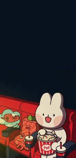 [2436x1125]卡通 兔子 三文鱼 看电影 苹果手机动漫壁纸图片