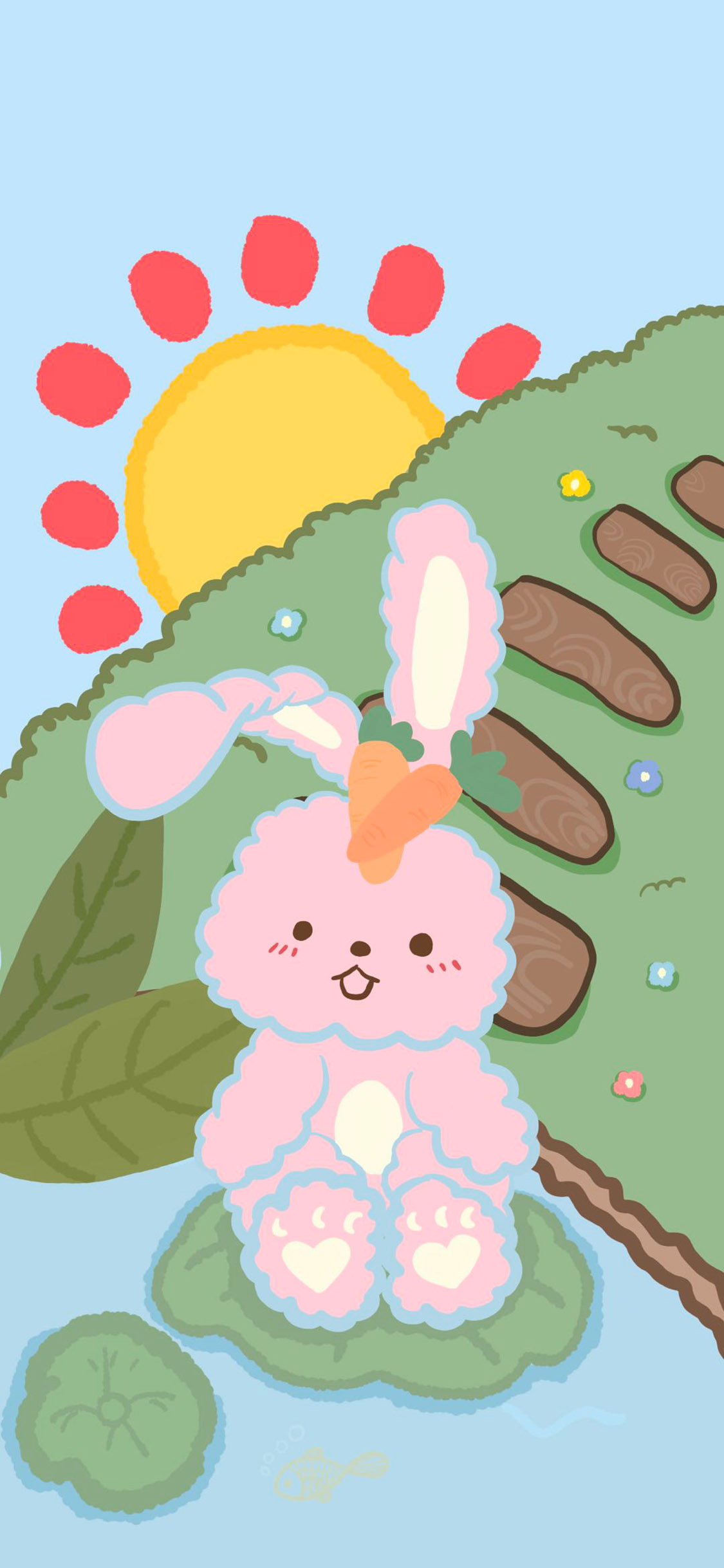 [2436×1125]卡通 兔子 太阳 插图 苹果手机动漫壁纸图片