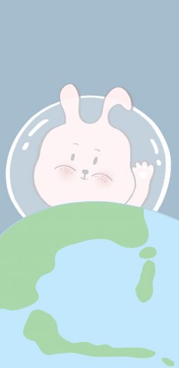 [2436x1125]卡通 兔子 头罩地球（取自微博：寄喜饼给你喔） 苹果手机动漫壁纸图片