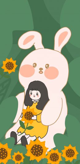 [2436x1125]卡通 兔子 女孩 向日葵（取自微博：李李哈） 苹果手机动漫壁纸图片