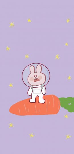 [2436x1125]卡通 兔子 宇航员 胡萝卜 星星 苹果手机动漫壁纸图片