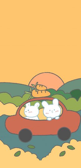 [2436x1125]卡通 兔子 小汽车 胡萝卜 苹果手机动漫壁纸图片