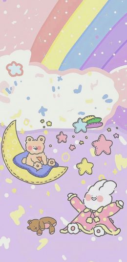 [2436x1125]卡通 兔子 小熊 彩虹 星星 苹果手机动漫壁纸图片