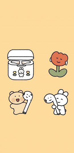 [2436x1125]卡通 兔子 小熊 无线耳机 苹果手机动漫壁纸图片