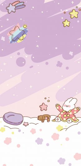 [2436x1125]卡通 兔子 小熊 星星 苹果手机动漫壁纸图片