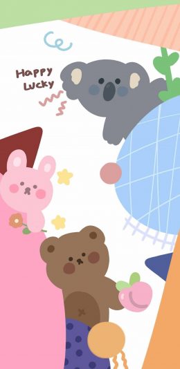 [2436x1125]卡通 兔子 小熊 考拉 happy lucky 苹果手机动漫壁纸图片