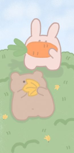 [2436x1125]卡通 兔子 小熊 草地 苹果手机动漫壁纸图片