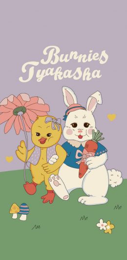 [2436x1125]卡通 兔子 小黄鸭 bunnies 苹果手机动漫壁纸图片