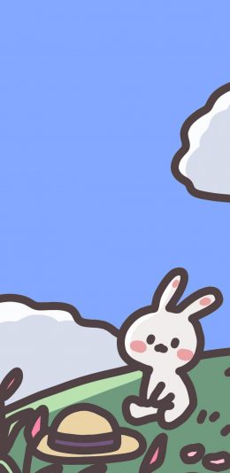 [2436x1125]卡通 兔子 帽子 蓝天 可爱 苹果手机动漫壁纸图片
