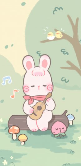 [2436x1125]卡通 兔子 弹尤克里里 可爱 苹果手机动漫壁纸图片