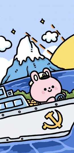 [2436x1125]卡通 兔子 插图 军舰（取自微博：小熊奶黄包） 苹果手机动漫壁纸图片