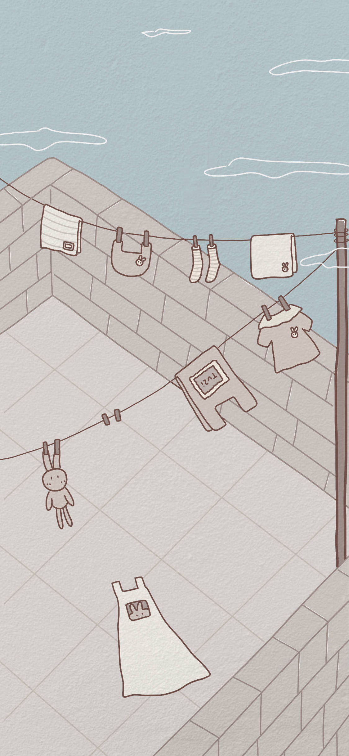 [2436×1125]卡通 兔子 晾衣服 灰色调 苹果手机动漫壁纸图片