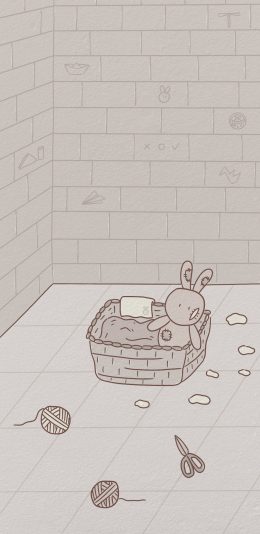 [2436x1125]卡通 兔子 毛线 剪刀 苹果手机动漫壁纸图片