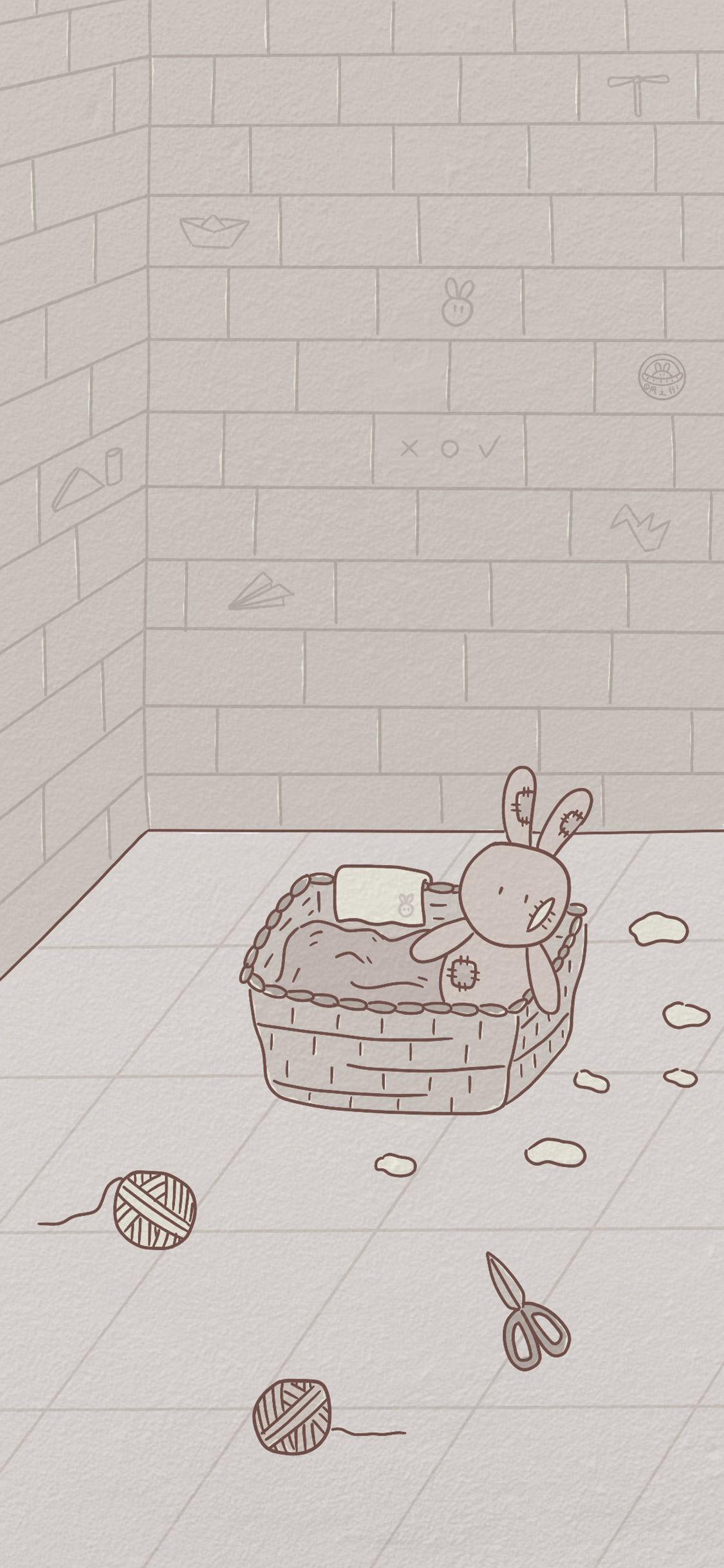 [2436×1125]卡通 兔子 毛线 剪刀 苹果手机动漫壁纸图片