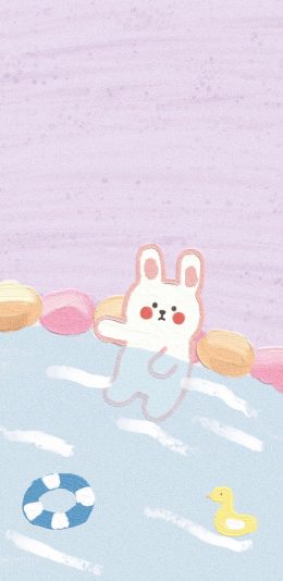 [2436x1125]卡通 兔子 泡澡 泳圈 小黄鸭 苹果手机动漫壁纸图片