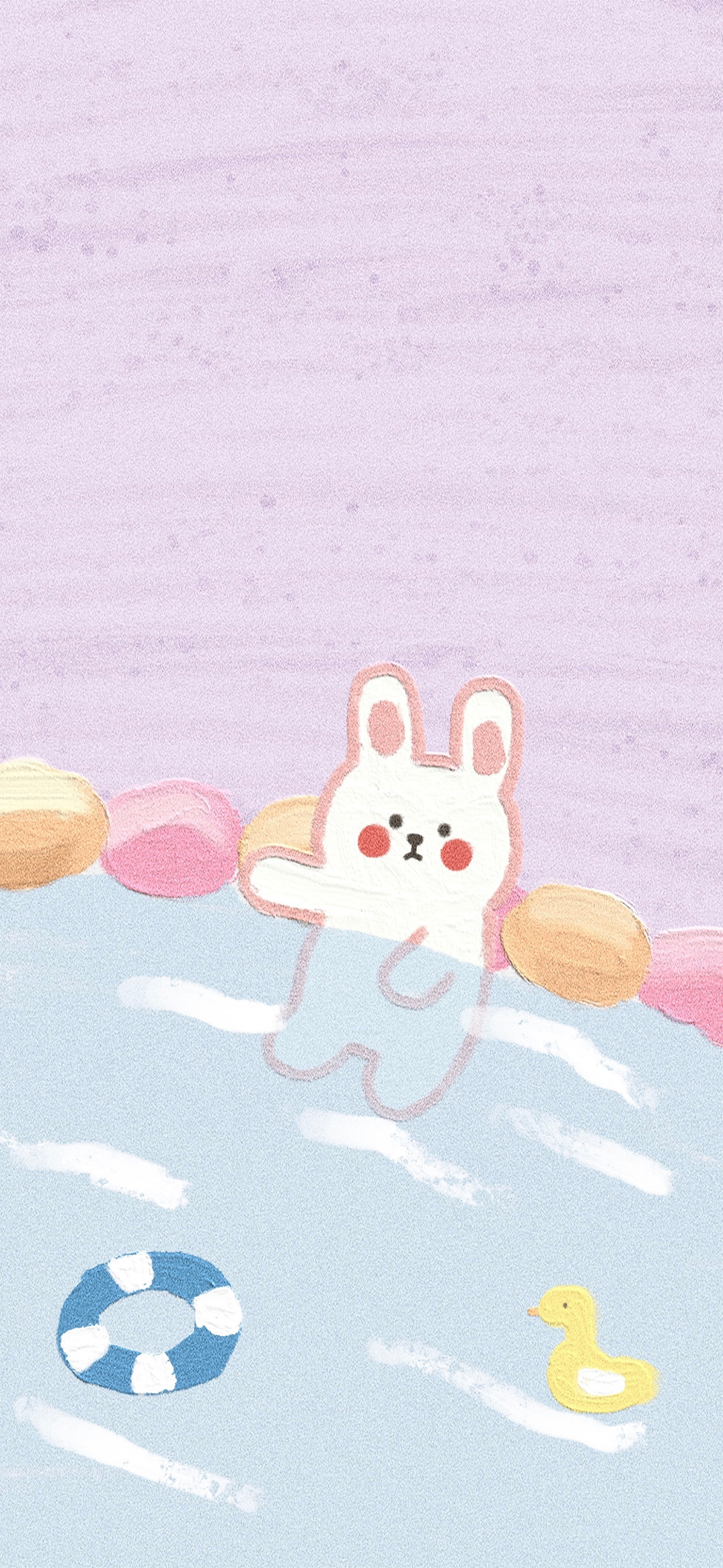 [2436×1125]卡通 兔子 泡澡 泳圈 小黄鸭 苹果手机动漫壁纸图片