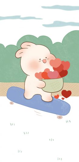 [2436x1125]卡通 兔子 滑板 爱心（取自微博：寄喜饼给你喔） 苹果手机动漫壁纸图片