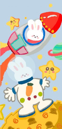 [2436x1125]卡通 兔子 火箭 星星 苹果手机动漫壁纸图片