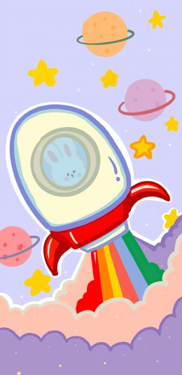 [2436x1125]卡通 兔子 火箭 星球 苹果手机动漫壁纸图片
