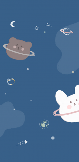 [2436x1125]卡通 兔子 熊 行星 苹果手机动漫壁纸图片