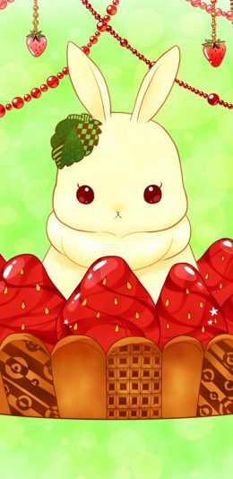 [2436x1125]卡通 兔子 草莓 插图 苹果手机动漫壁纸图片