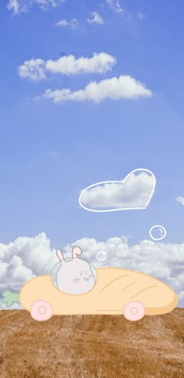 [2436x1125]卡通 兔子 萝卜车 蓝天（取自微博：寄喜饼给你喔） 苹果手机动漫壁纸图片