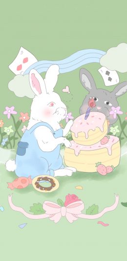 [2436x1125]卡通 兔子 蛋糕 蝴蝶结 苹果手机动漫壁纸图片