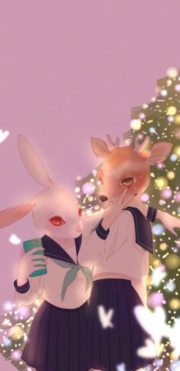 [2436x1125]卡通 兔子 驯鹿 水手服 苹果手机动漫壁纸图片