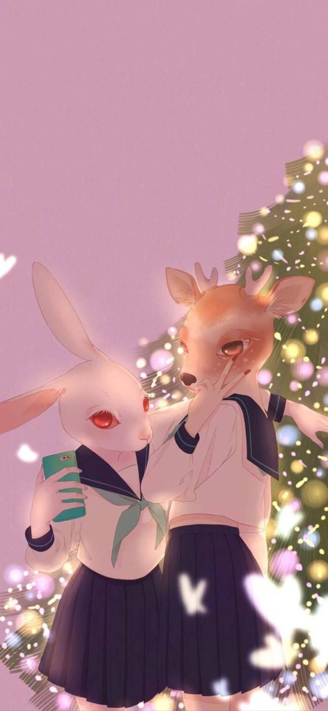 [2436×1125]卡通 兔子 驯鹿 水手服 苹果手机动漫壁纸图片