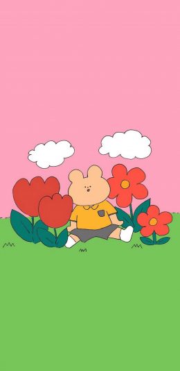 [2436x1125]卡通 兔子 鲜花 白云 苹果手机动漫壁纸图片