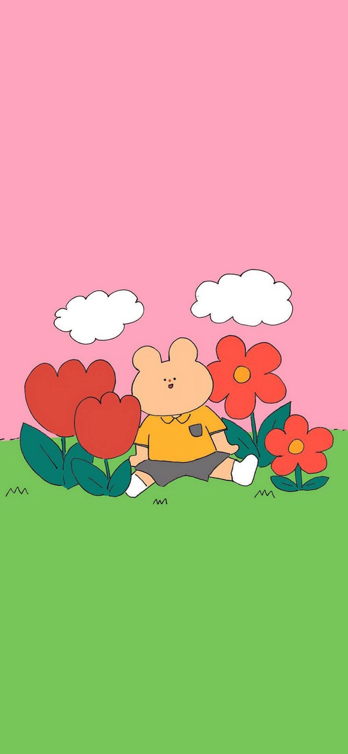 [2436×1125]卡通 兔子 鲜花 白云 苹果手机动漫壁纸图片