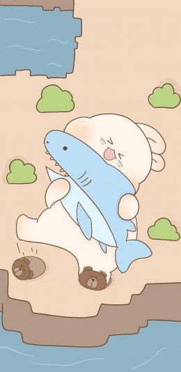 [2436x1125]卡通 兔子 鲨鱼 可爱（取自微博：寄喜饼给你喔） 苹果手机动漫壁纸图片