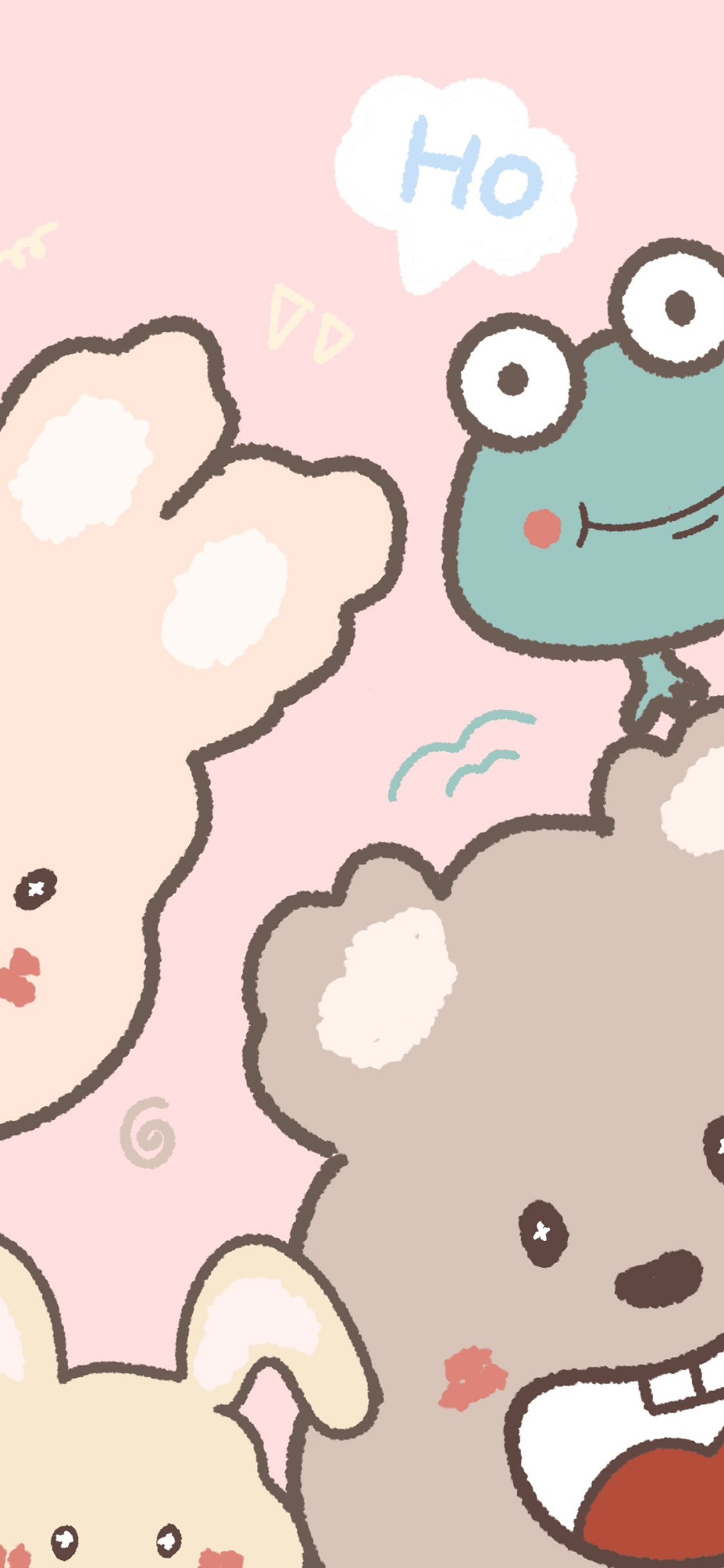 [2436×1125]卡通 动物 小熊 兔子 青蛙（取自微博：一番甜粥） 苹果手机动漫壁纸图片