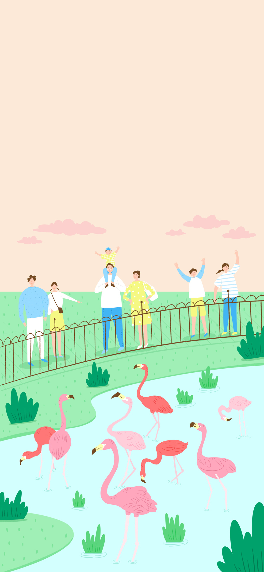 [2436×1125]卡通 动物园 火烈鸟 围观 苹果手机动漫壁纸图片