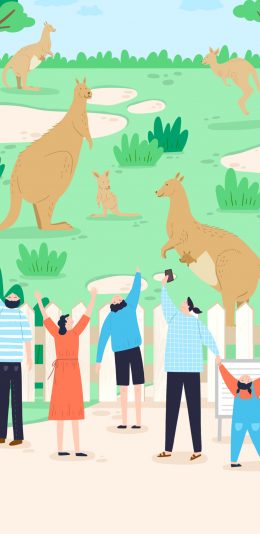 [2436x1125]卡通 动物园 袋鼠 围观 苹果手机动漫壁纸图片