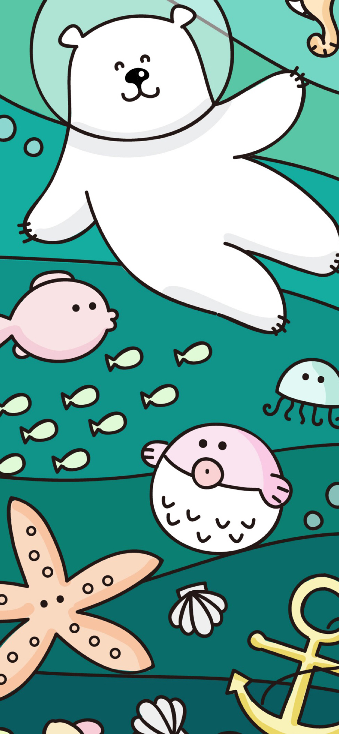 [2436×1125]卡通 北极熊 白熊 海洋世界 苹果手机动漫壁纸图片