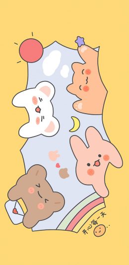 [2436x1125]卡通 可爱 兔子 小熊 开心每一天 苹果手机动漫壁纸图片