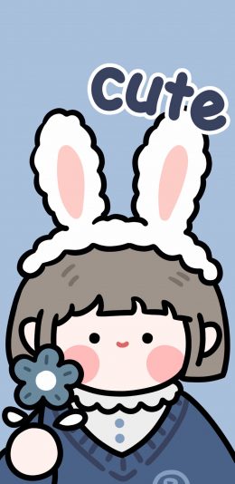 [2436x1125]卡通 可爱 女孩 兔耳朵 cute 肉肉酱 苹果手机动漫壁纸图片