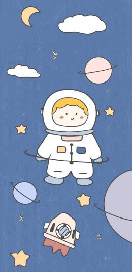 [2436x1125]卡通 可爱 宇航员 宇宙飞船 苹果手机动漫壁纸图片