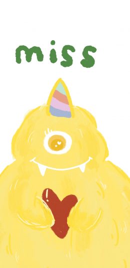 [2436x1125]卡通 可爱 小怪兽 Miss 黄 爱心 苹果手机动漫壁纸图片
