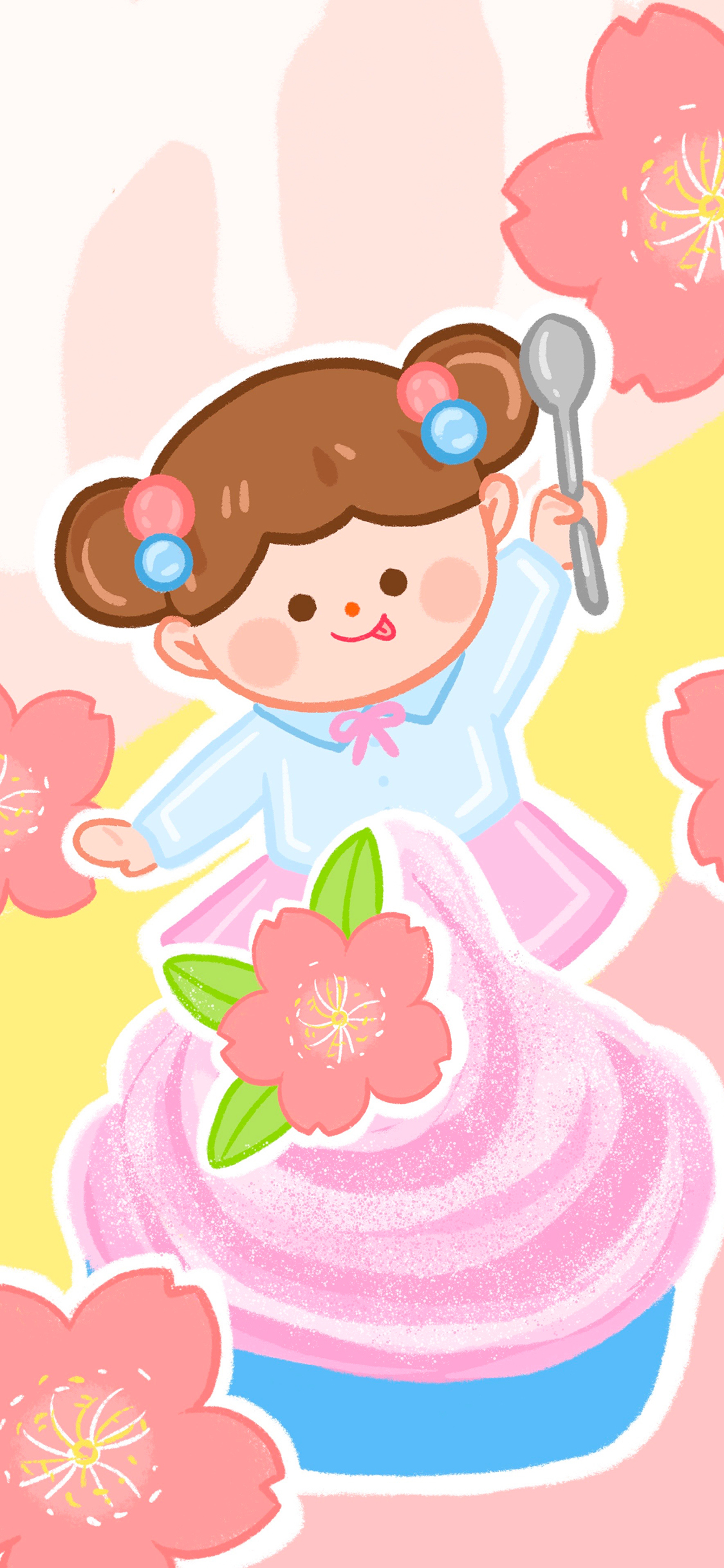 [2436×1125]卡通 可爱 粉 女孩 鲜花  冰淇淋 苹果手机动漫壁纸图片