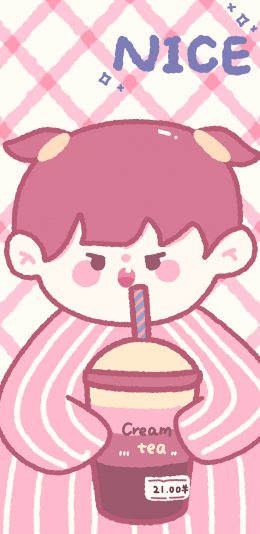 [2436x1125]卡通 可爱 红 奶茶 cream tea nice 苹果手机动漫壁纸图片