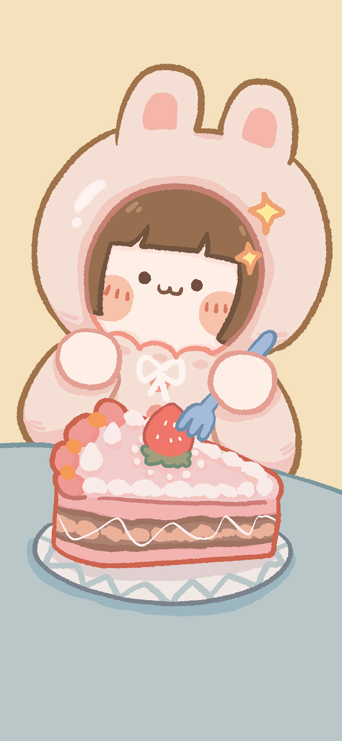 [2436×1125]卡通 可爱 蛋糕 粉 草莓 苹果手机动漫壁纸图片