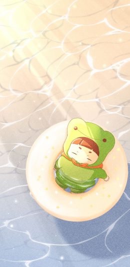 [2436x1125]卡通 可爱 青蛙 泳圈 苹果手机动漫壁纸图片