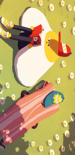 [2436x1125]卡通 培根 煎蛋 晒太阳 苹果手机动漫壁纸图片