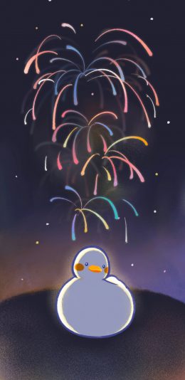 [2436x1125]卡通 大可鸭 烟花 夜晚 苹果手机动漫壁纸图片