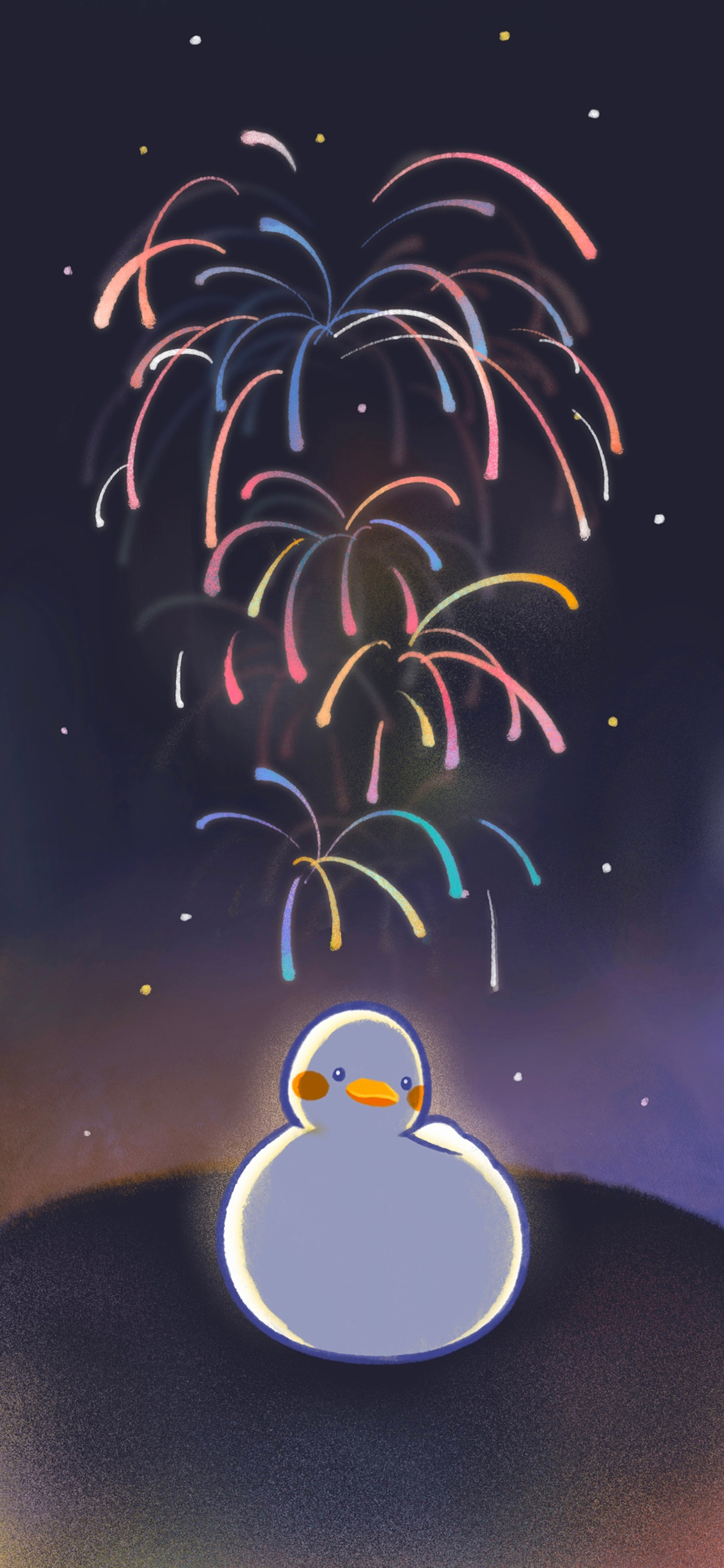 [2436×1125]卡通 大可鸭 烟花 夜晚 苹果手机动漫壁纸图片