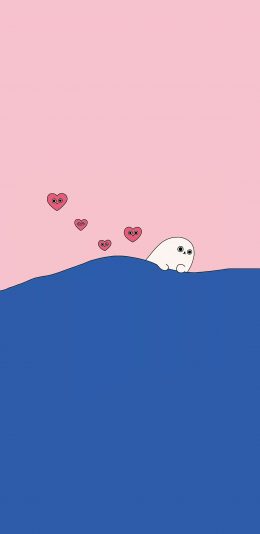 [2436x1125]卡通 大海 海豹 爱心 苹果手机动漫壁纸图片