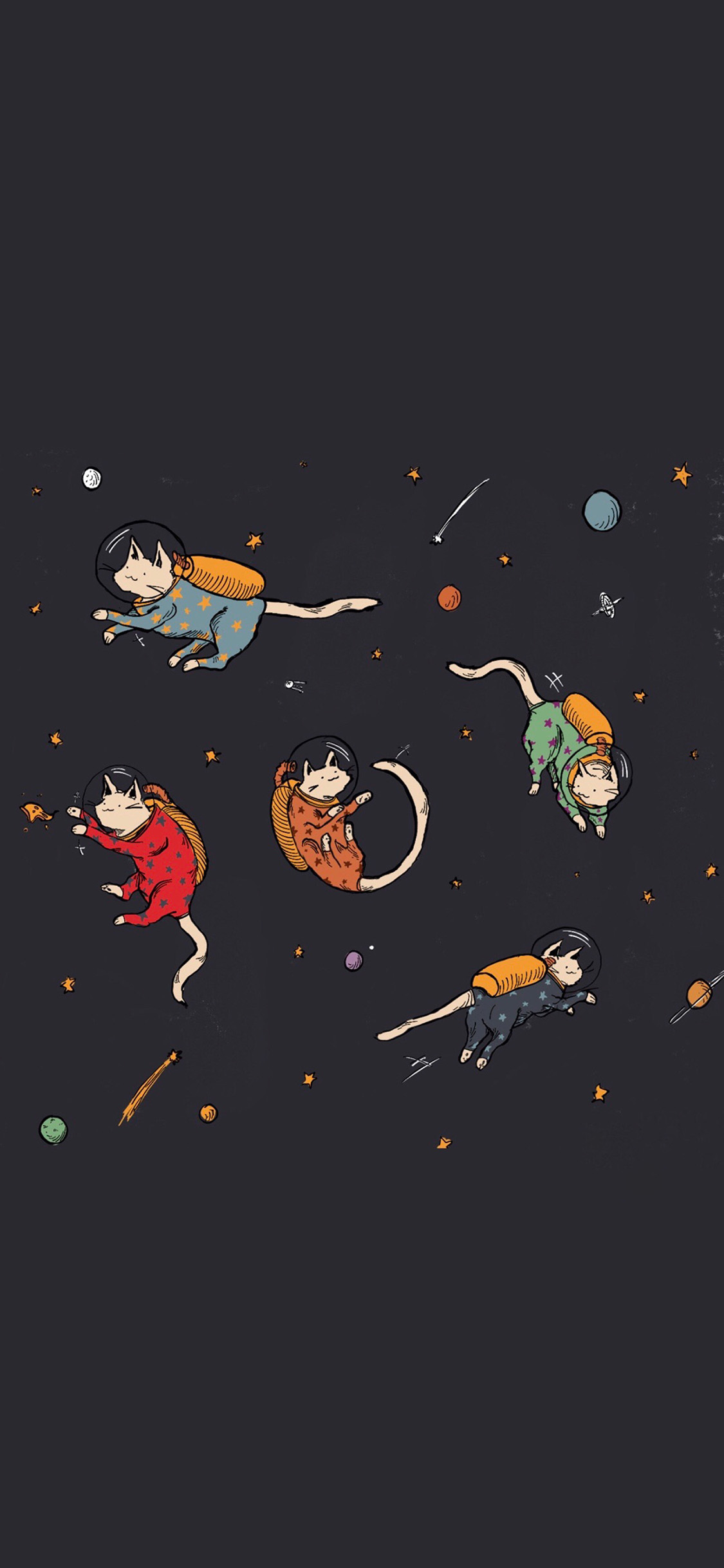 [2436×1125]卡通 太空 猫咪 飞行 苹果手机动漫壁纸图片