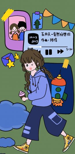 [2436x1125]卡通 女孩 五月天 突然好想你 苹果手机动漫壁纸图片